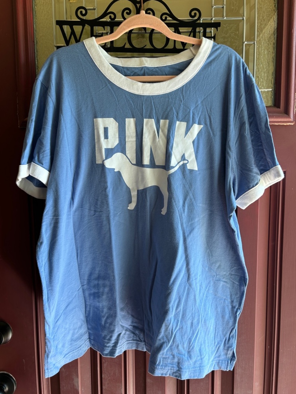 PINK Victoria's Secret Blue Ringer Tee with White Dog Graphic